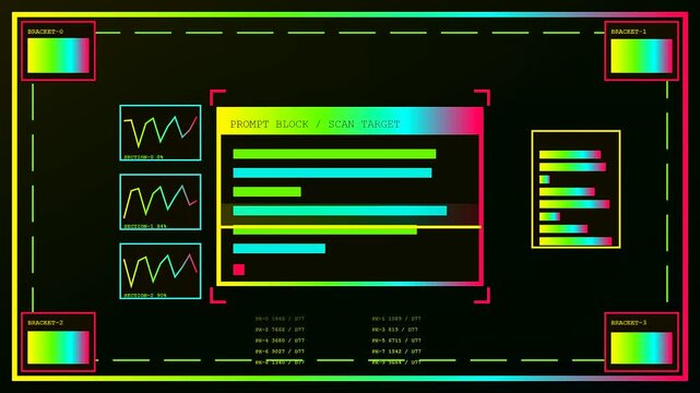 A digital prompt interface display features fluctuating line graphs plus data blocks and glowing gradient frames in a modern virtual environment for advanced computational data analysis