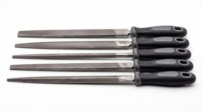 Set of five metal hand files isolated on white background