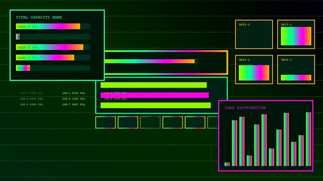 A digital prompt interface displaying active data fluctuations in three sequential frames showing shifting bar graphs and glowing terminal readouts against a dark green grid field