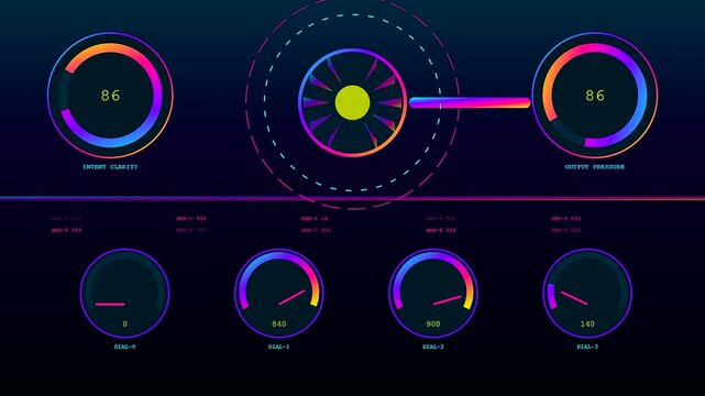 A digital prompt interface panel glows with neon circular gauges and glowing data indicators fluctuating in sequence across a dark screen during a computer simulation