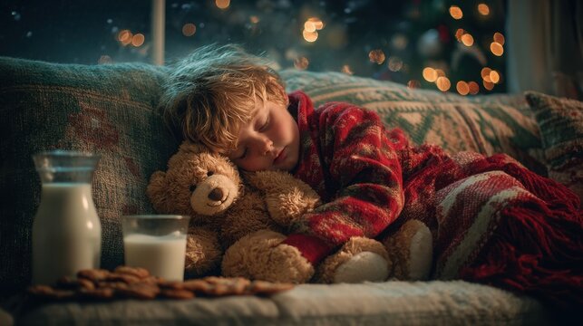 Young child sleeping peacefully with a plush toy on a cozy sofa during winter evening