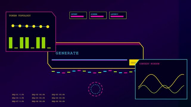 Three panel digital prompt interface displays animated line graphs and flickering bar charts with pulsating light cycles shifting across a dark violet screen background surface