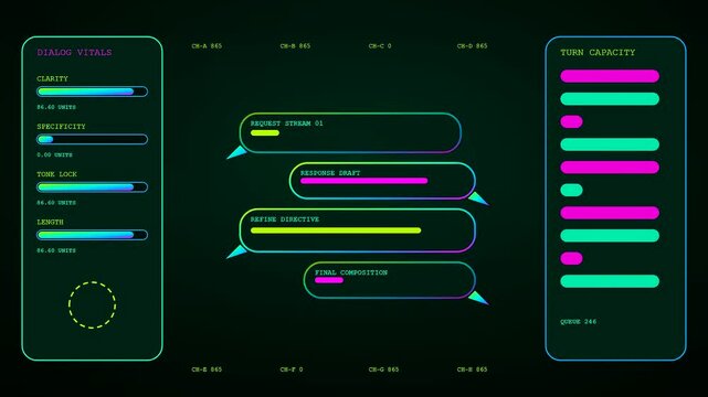 A digital prompt interface panel glows with vibrant neon cyan and magenta light displaying streaming data sequences and rhythmic graphical feedback cycles for user analysis