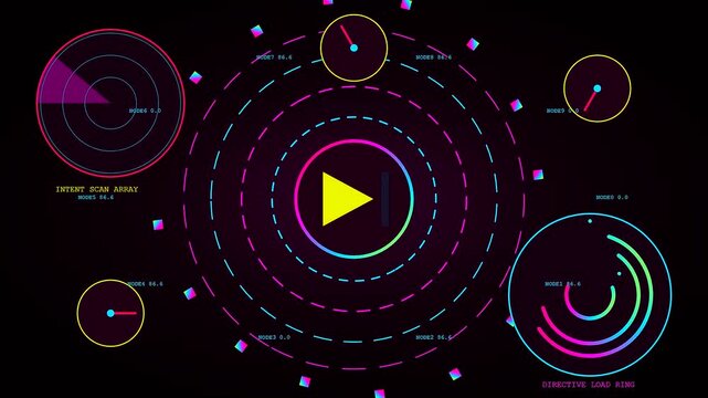 the prompt interface displays neon circular holographic gauges with glowing rings and moving radar beams rotating over a dark void during a sequence of data loading