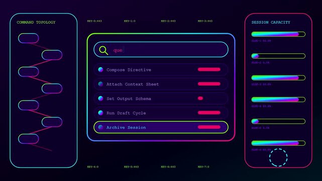 A digital prompt interface animation displays scrolling menus with glowing neon bars and flowing command paths in a seamless sequence of futuristic graphic user feedback loops