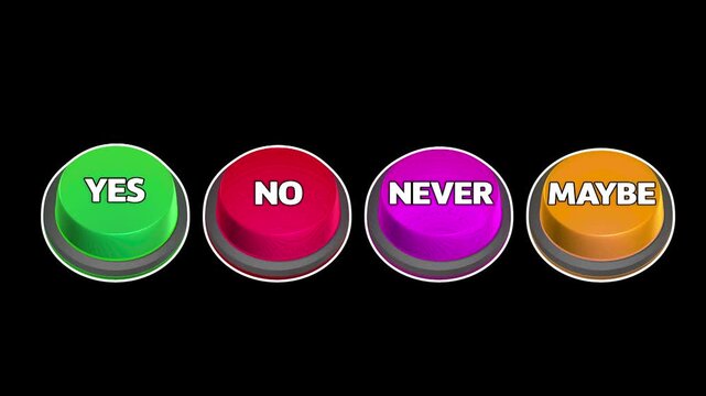 Colorful 3D push buttons set with text YES NO MAYBE and NEVER for game UI design
