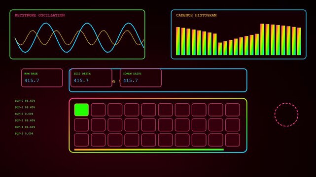 a glowing prompt interface displays complex data streams across three distinct analytical panels showing oscillating waves and pulsing square grids on a dark gradient screen