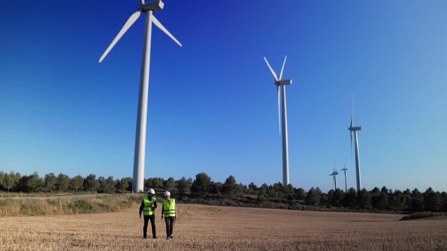Engineers walking near wind turbines in field discussing about clean energy
