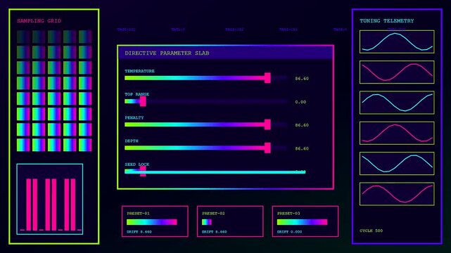 Three panels showing a prompt interface with neon glowing graphs and digital sliders measuring system output parameters in a dark virtual computing room simulation view