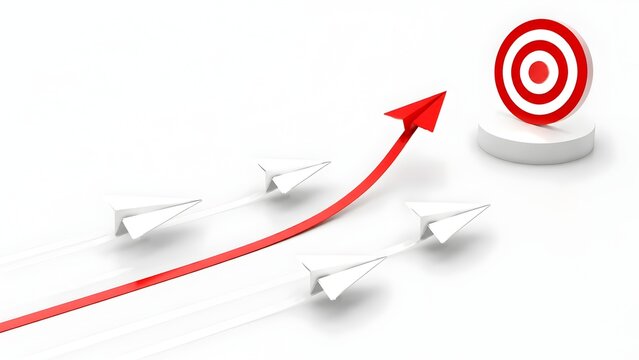 Red paper airplane racing ahead of white airplanes to hit a target business strategy success and goal achievement concept