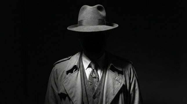 Mysterious man in a fedora hat and trench coat in dark noir style