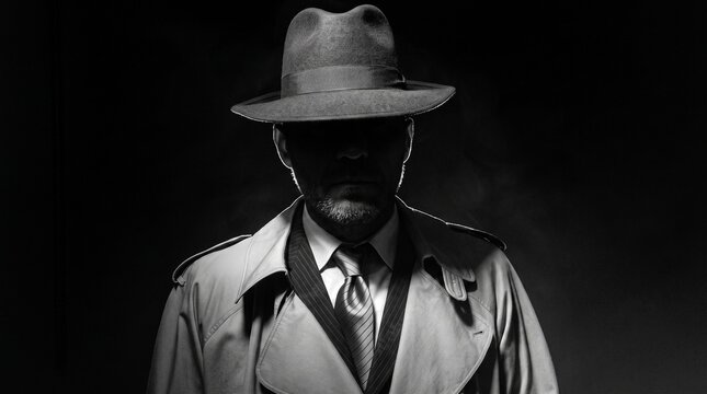 Mysterious detective in a trench coat and fedora hat standing in dark moody lighting