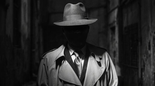 Mysterious man in fedora hat and trench coat standing in dark city alleyway