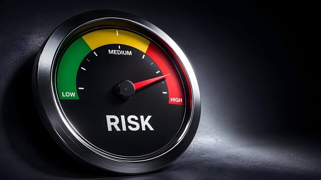 3D rendered high risk gauge with needle pointing to maximum red level symbolizing business crisis and danger evaluation.