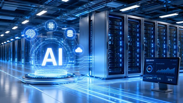Holographic artificial intelligence symbol and monitoring screen in modern server room. Concept of cloud computing and advanced data center infrastructure.