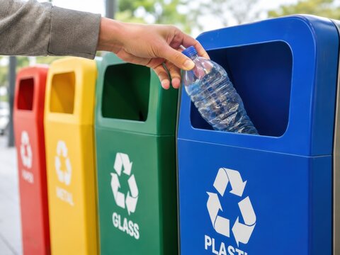 A person placing a plastic bottle into the correct blue recycling bin among colorful waste stations.