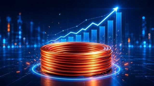 Glowing copper wire coil with rising digital financial chart. Concept of raw material investment and commodity market boom.