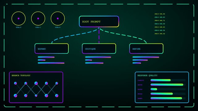 A digital prompt interface displays complex node structures with glowing neon metrics across three screens highlighting data flow patterns for advanced system monitoring and analytical operations