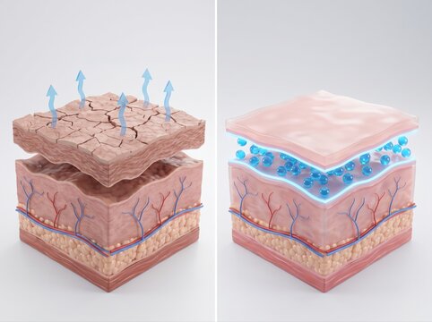 A split view comparison of dehydrated, cracked skin versus healthy, deeply hydrated skin structure.