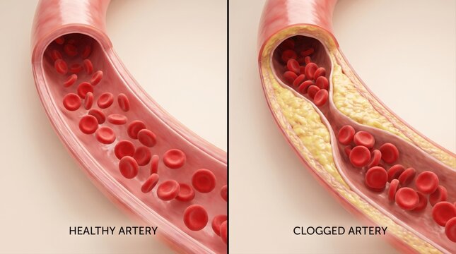 A side-by-side comparison illustrating a healthy artery versus an artery narrowed by plaque buildup.