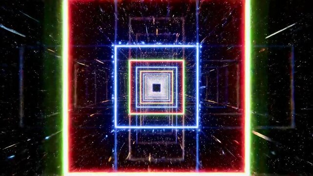 RGB neon laser tunnel zooming through deep space, 3D VJ background video