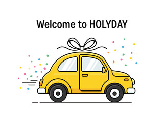 Naklejka premium Cute yellow cartoon beetle car gift with bow and confetti for holiday celebration concept