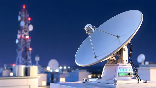 Satellite dish receiver on a rooftop with a telecommunication tower at night. Concept of global network connectivity and broadcasting.