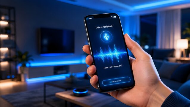 Hand holding a smartphone with voice assistant interface in a modern living room. Concept of smart home automation and internet of things.