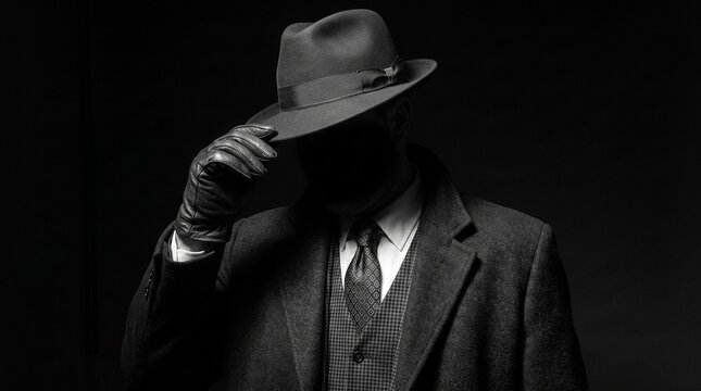 Mysterious man in vintage fedora hat and leather gloves standing in dark noir shadow
