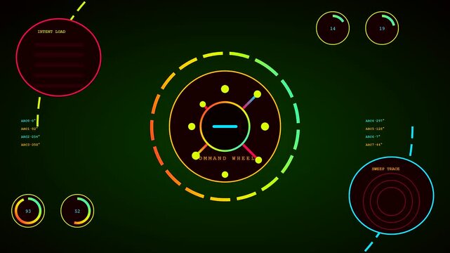Neon digital prompt interface displays circular telemetry data with animated vector overlays and glowing command wheels set against a dark atmosphere for advanced monitoring system simulation purposes