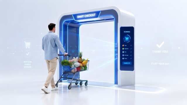Man pushing a grocery cart through a futuristic automated smart checkout gate. Concept of frictionless retail and artificial intelligence shopping experience.