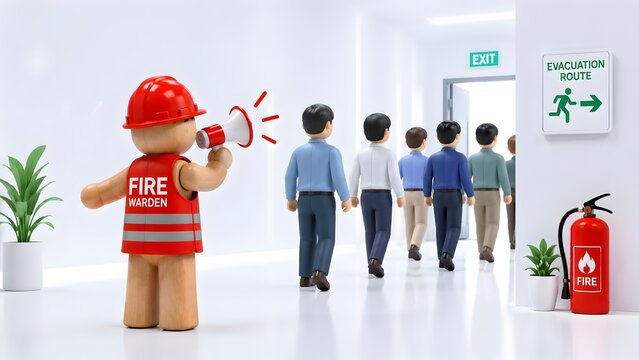 3D wooden fire warden with a megaphone directing employees during a workplace evacuation. Concept of emergency procedure and occupational safety.