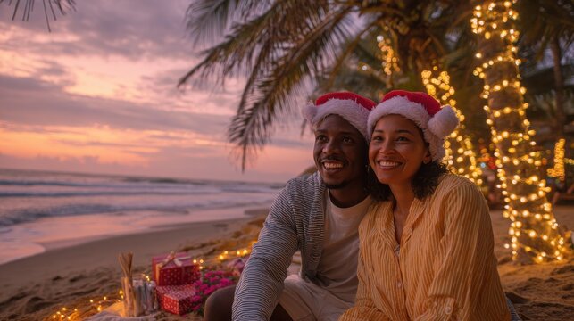 Happy diverse couple wearing santa hats celebrating christmas evening together on a tropical sandy