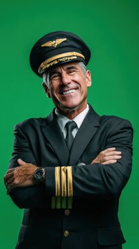 Portrait of a pilot, confident smile, white teeth, solid green screen background