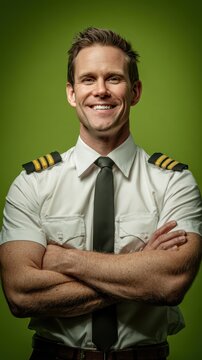 Portrait of a pilot, confident smile, white teeth, solid green screen background