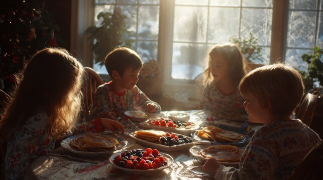 Four happy children eating breakfast together during sunny winter morning at home dining table