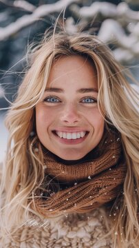 Scandinavian woman with blonde hair, wide happy smile, perfect dental aesthetics, bright blue eyes
