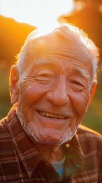 Senior man with a heartwarming smile, healthy white dental crowns, realistic facial wrinkles