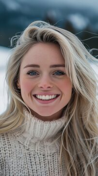 Scandinavian woman with blonde hair, wide happy smile, perfect dental aesthetics, bright blue eyes