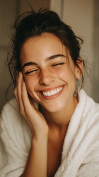 Woman doing skincare, smiling, fresh skin, white teeth, bathroom setting