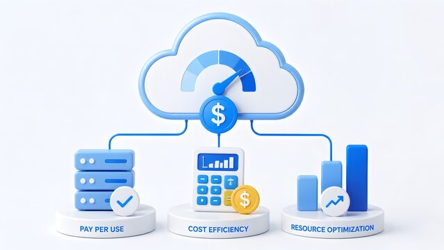 3D cloud computing network with financial calculator and resource optimization graphs. Concept of IT cost efficiency and pay per use models.