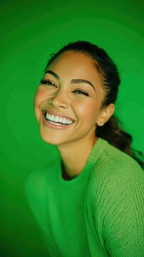 Woman smiling, glowing skin, white teeth, solid green screen background
