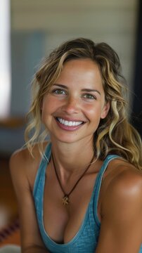Yoga instructor smiling calmly, healthy white teeth, peaceful expression, soft natural indoor light
