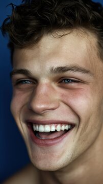 Young male model, huge smile, white teeth, sharp facial features, blue eyes