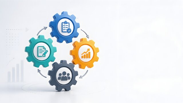 Colorful interlocking 3D gears with business strategy and teamwork icons. Concept of corporate workflow and operational management.