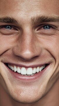 Young male model, huge smile, white teeth, sharp facial features, blue eyes