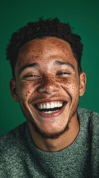 Young man with freckles, wide joyful smile, white teeth, solid green screen background