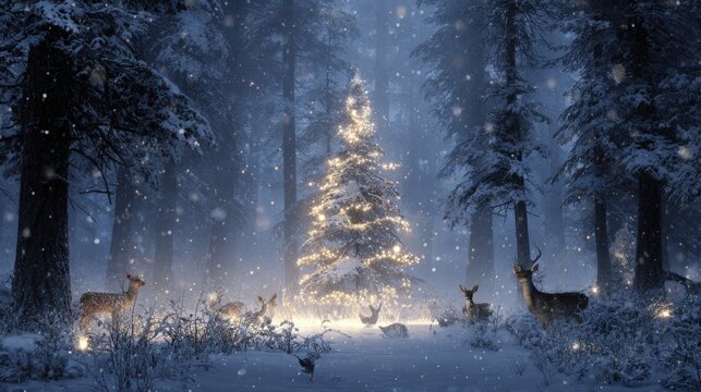 Glowing conifer surrounded by deer within a magical snowy winter forest at nightfall atmosphere