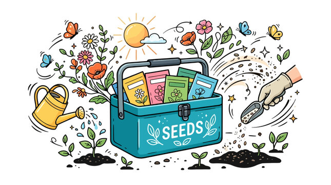 Colorful Seeds Box with Sprouts and Watering Can.