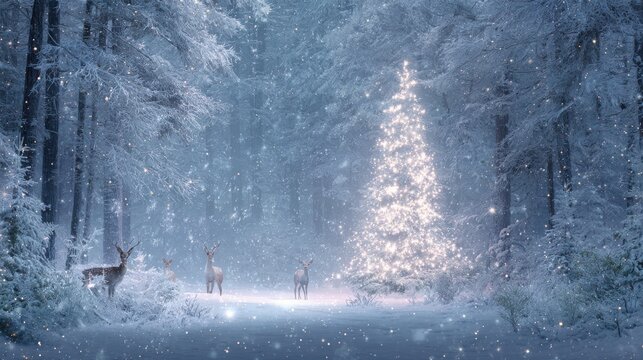 Enchanted winter forest clearing illuminated by a glowing fir tree with wild deer grazing